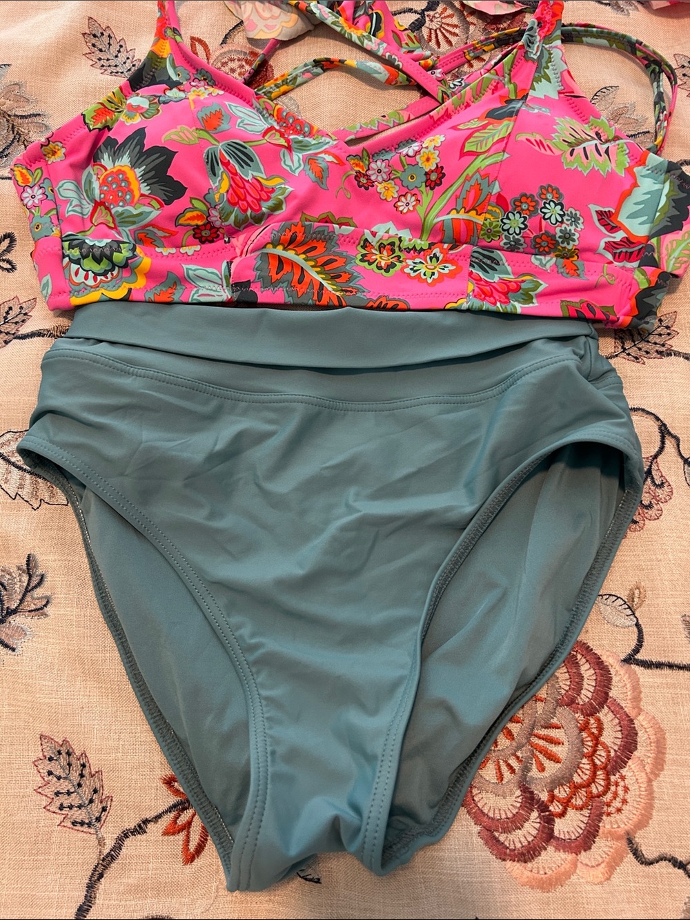 Jessica Simpson Pink Floral Bikini Top with Teal High-Waist Bottom